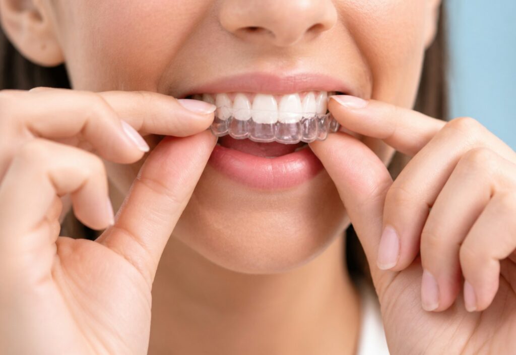 Woman placing a clear aligner