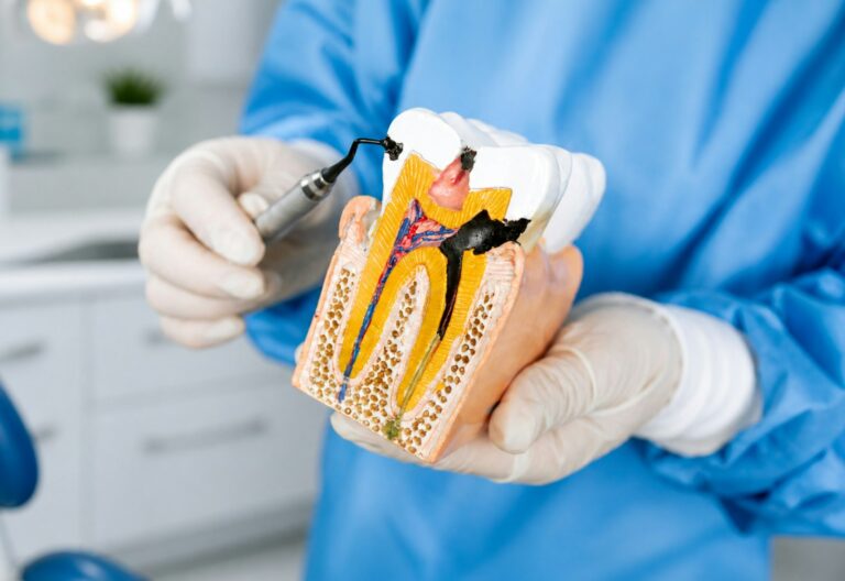 Dentist holding a tooth model showing the root canal