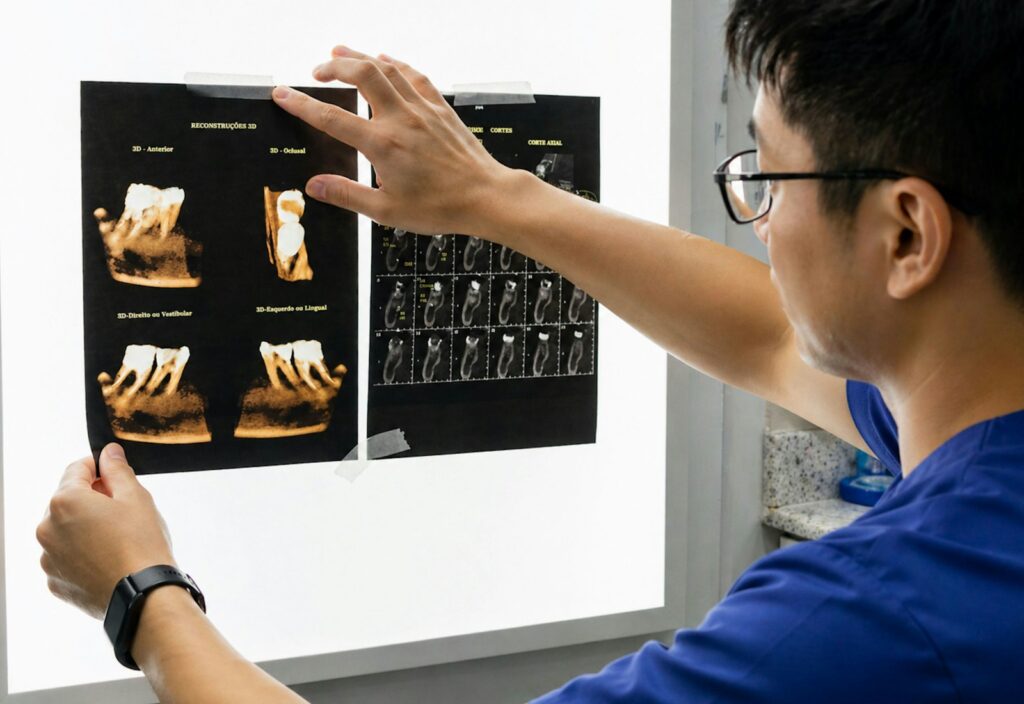 Dentist reviewing dental X-rays
